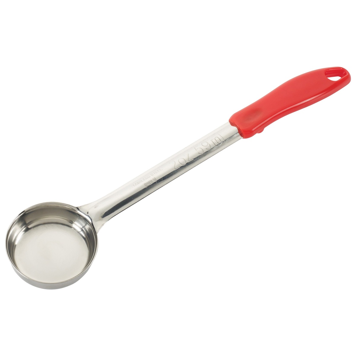 Winco FPS-2 2 oz solid stainless steel food portioner with red ergonomic plastic handle