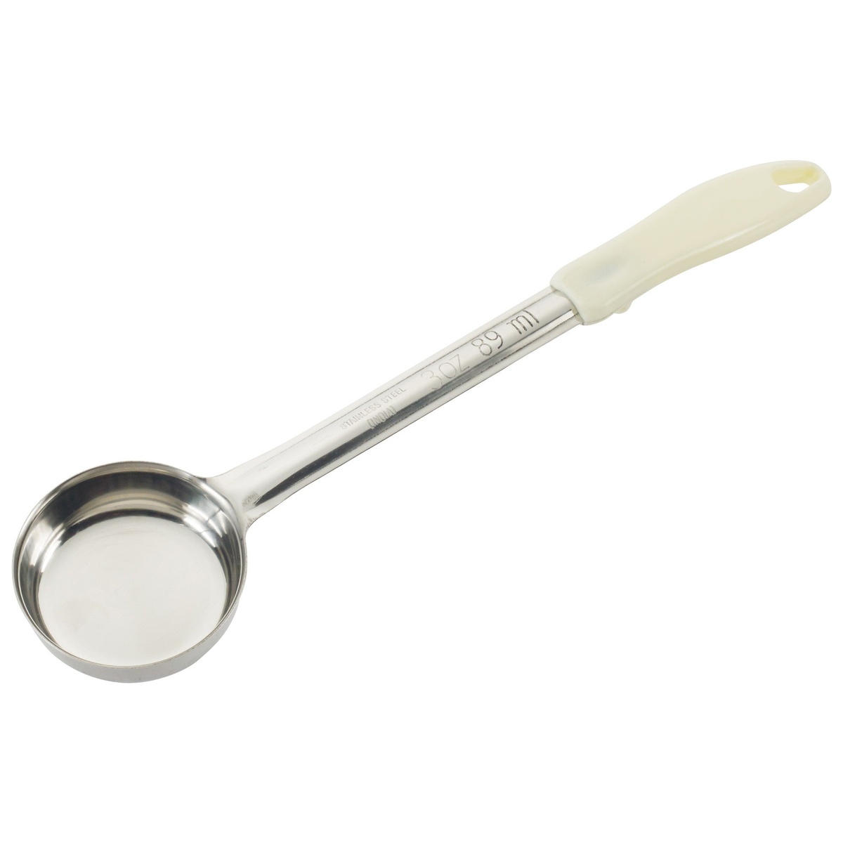 Winco FPS-3 3 oz one-piece stainless steel solid portion spoon with ivory ergonomic handle