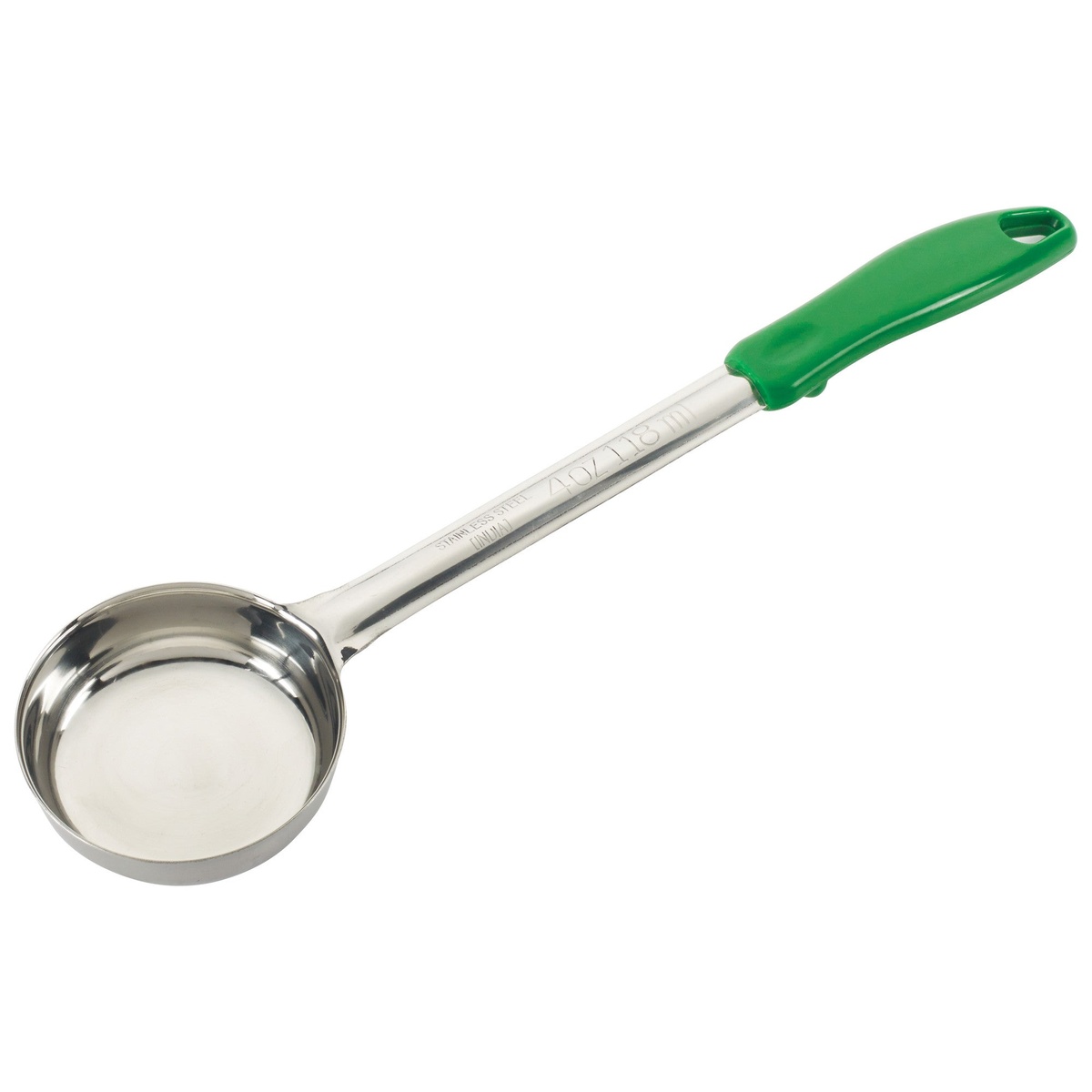 Winco FPS-4 4 oz solid food portioner spoodle with green ergonomic handle and stainless steel bowl