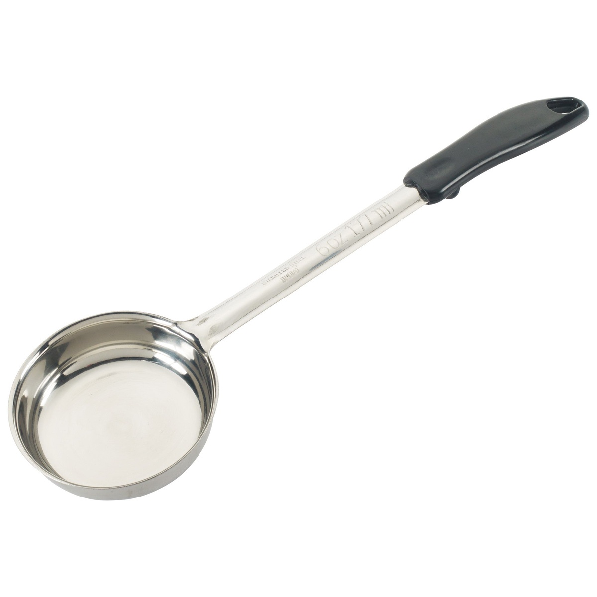 Winco FPS-6 6 oz solid stainless steel food portioner with black ergonomic handle