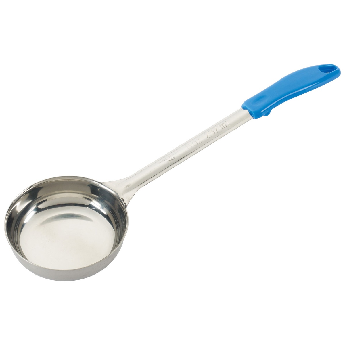 Winco FPS-8 solid 8 oz stainless steel portioner with blue ergonomic plastic handle