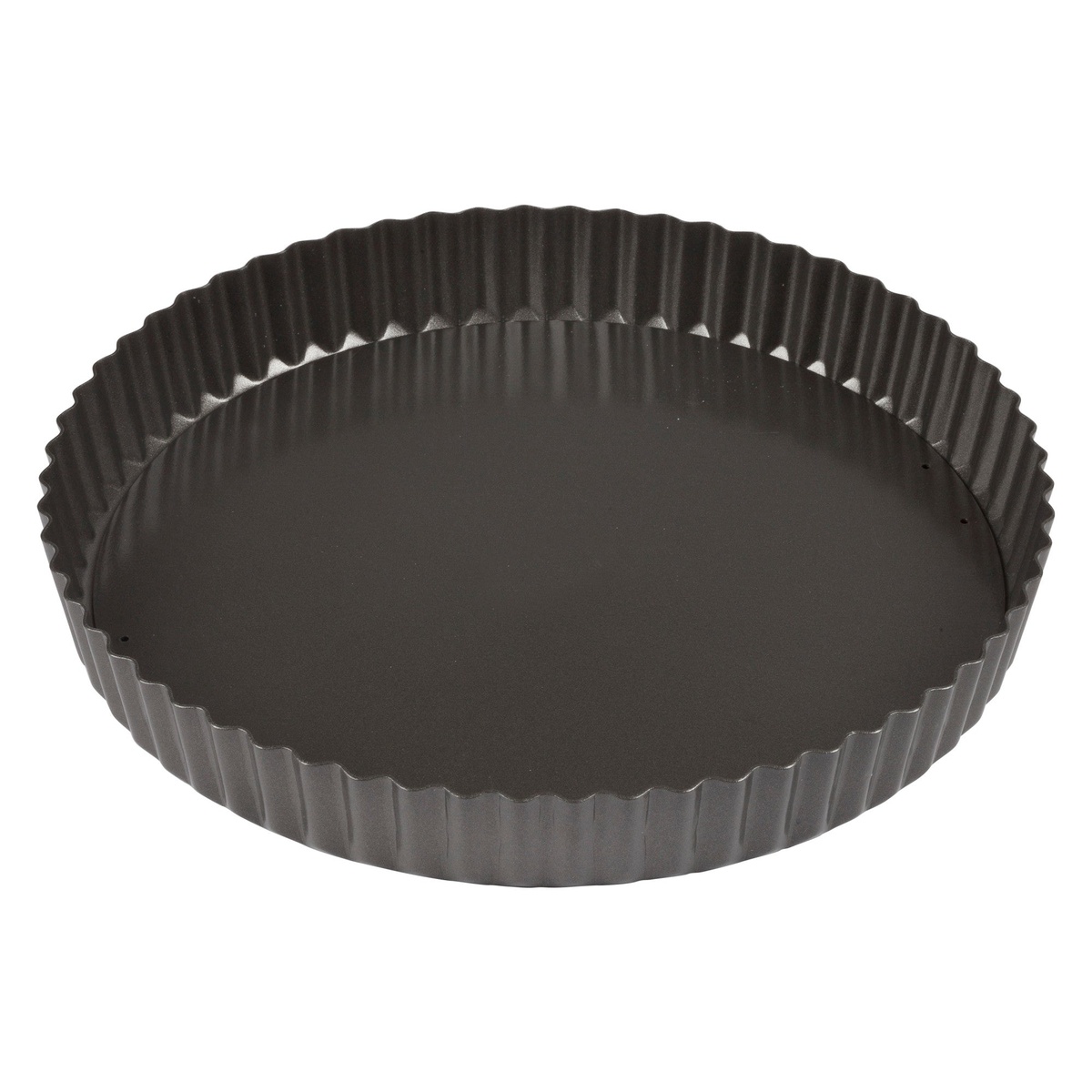 Winco FQP-10 10-inch non-stick quiche pan with deep fluted sides, assembled view