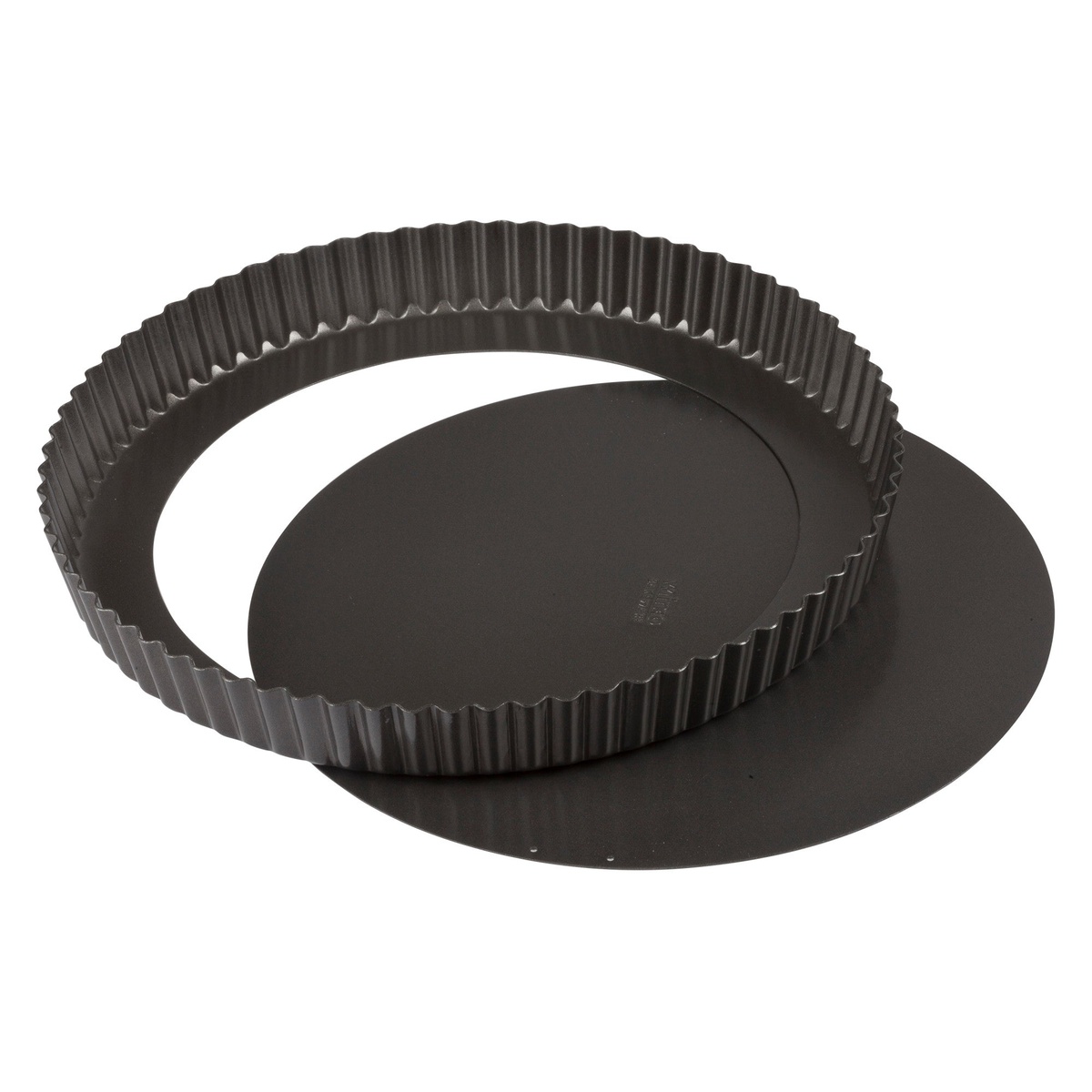 Winco FQP-12 quiche pan with outer fluted ring separated from the flat removable bottom disc