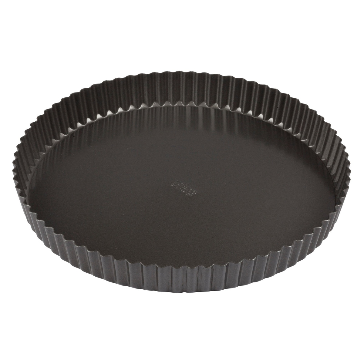 Winco FQP-12 12-inch non-stick carbon steel quiche pan with fluted edges, assembled, viewed from above