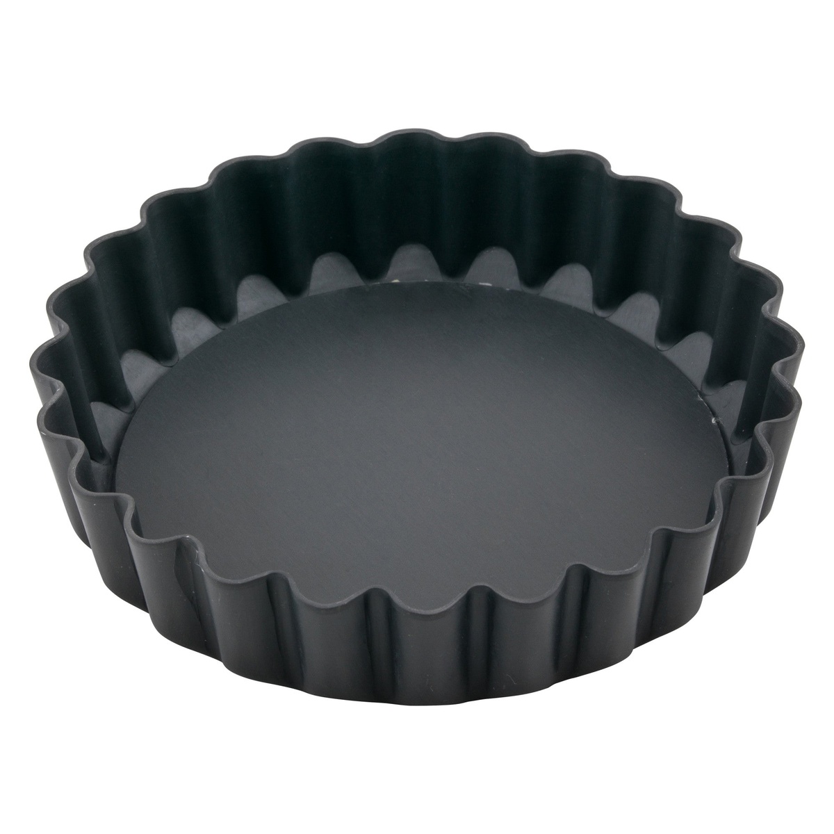 Winco FQP-4 4-inch non-stick fluted quiche pan assembled with removable bottom in place