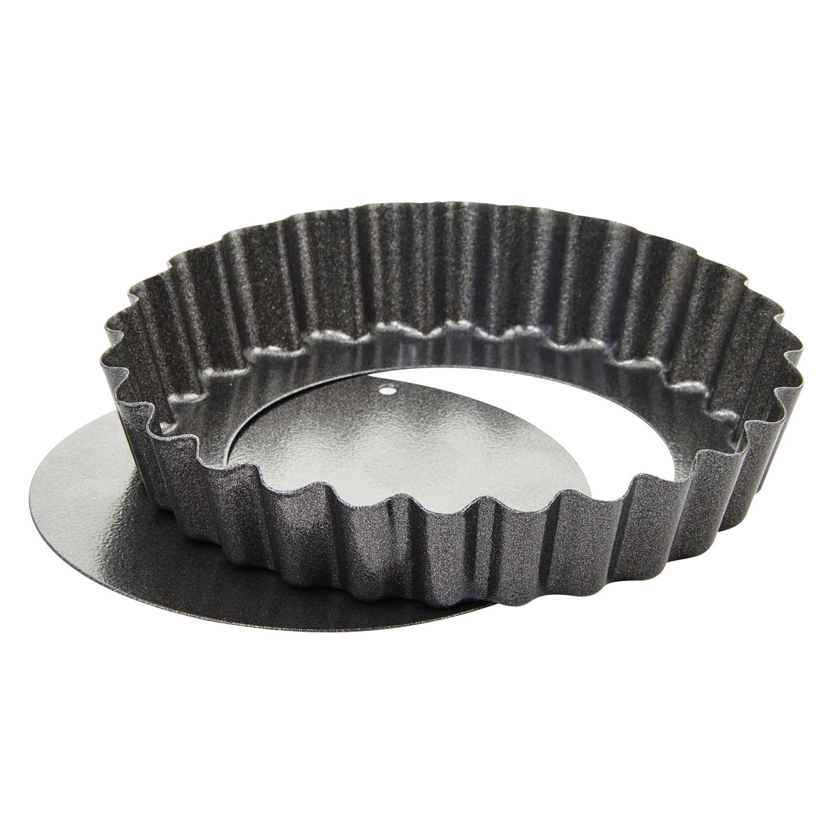 Winco FQP-4 quiche pan with outer ring lifted away from the removable bottom disk