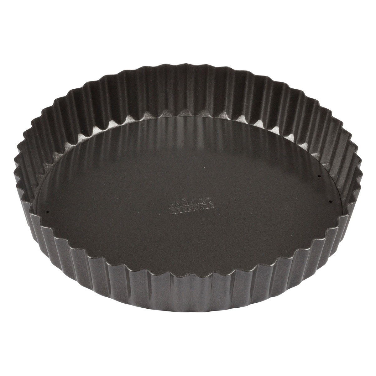 Winco FQP-8 8-inch non-stick carbon steel quiche pan assembled, showing fluted round sides and smooth dark interior