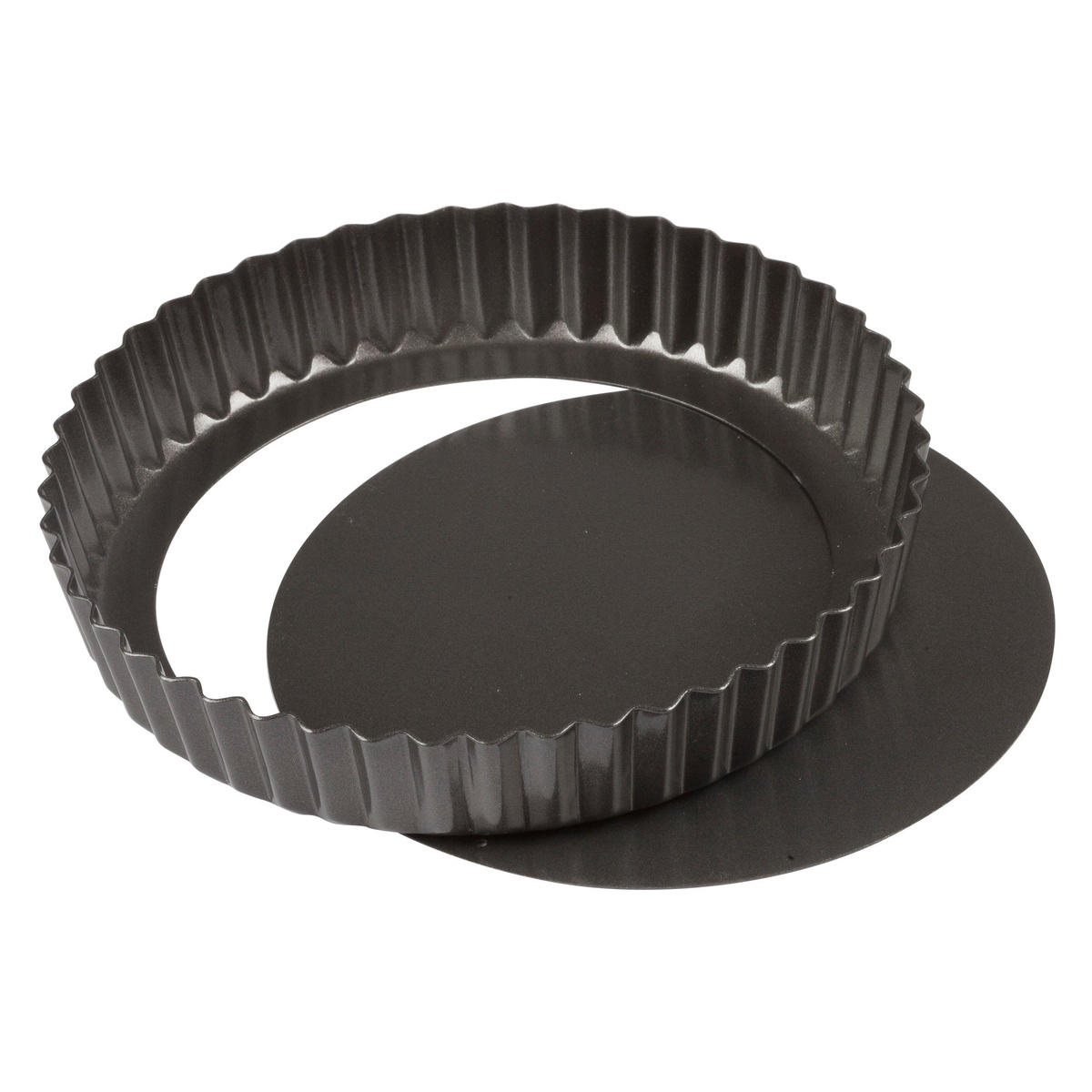 Winco FQP-8 quiche pan with fluted outer ring lifted away from the removable flat bottom insert