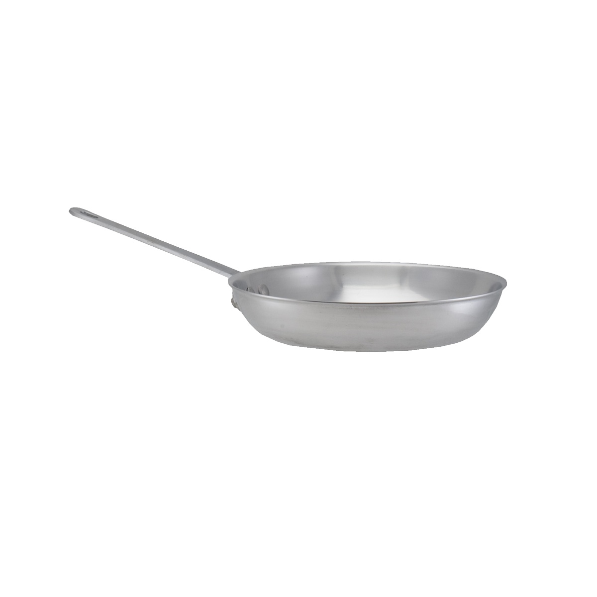 Libertyware FRY10 aluminum fry pan side profile showing low-profile bowl and long riveted handle