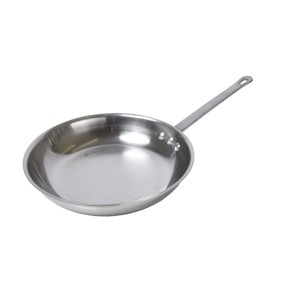 Libertyware FRY14 aluminum fry pan top angled view showing mirror polished interior and triple riveted handle