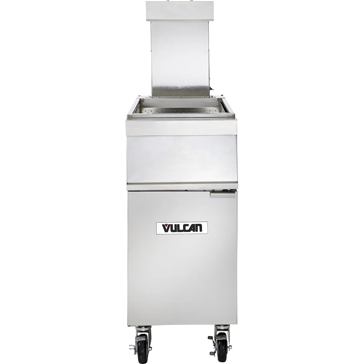 Vulcan FRYMATE VX15 stainless steel fry dump and warming station on casters, front view with open lid