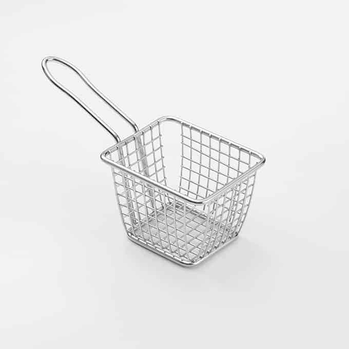 American Metalcraft FRYT433 stainless steel mini fry basket with looped handle on white background