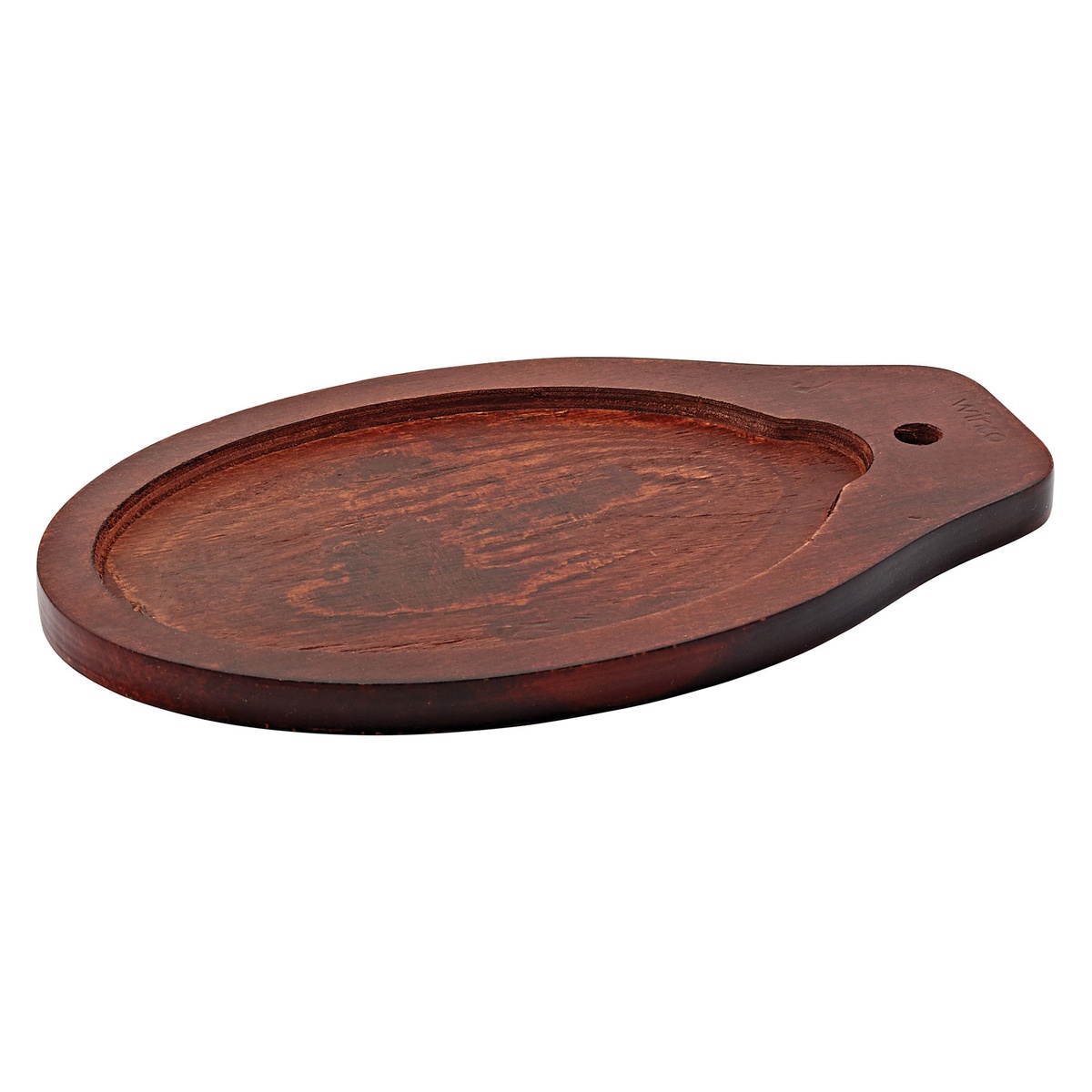 Winco FS-2-UL oval wood underliner with recessed well and handle hole, shown from an angle