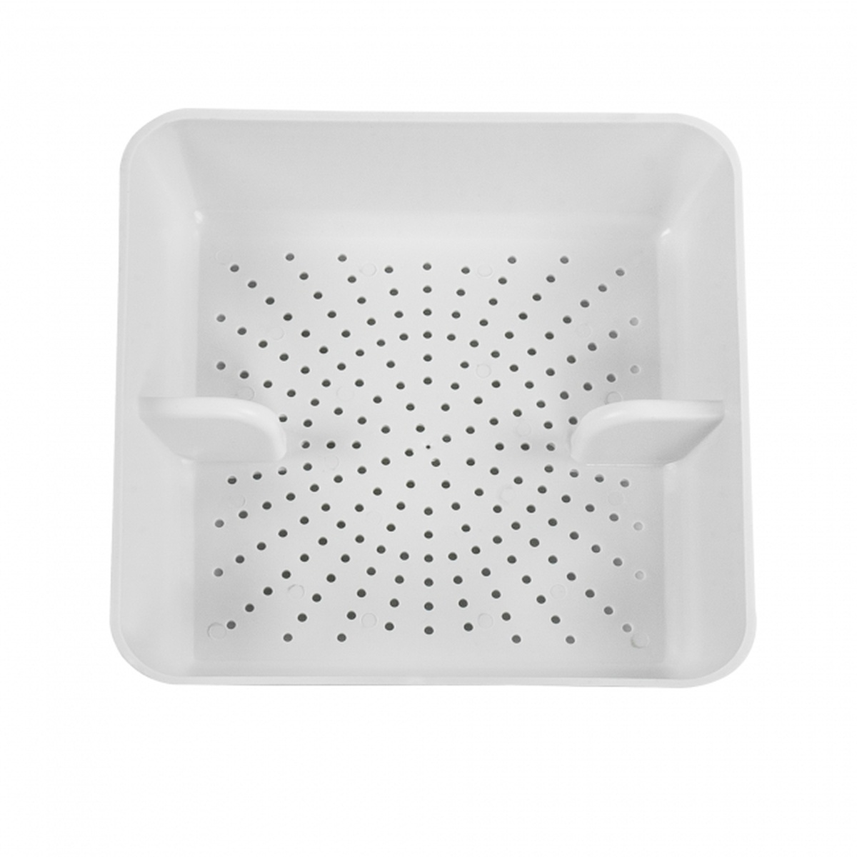 GSW FS-BSI white plastic floor sink basket with perforated bottom and two side notches, top-down view