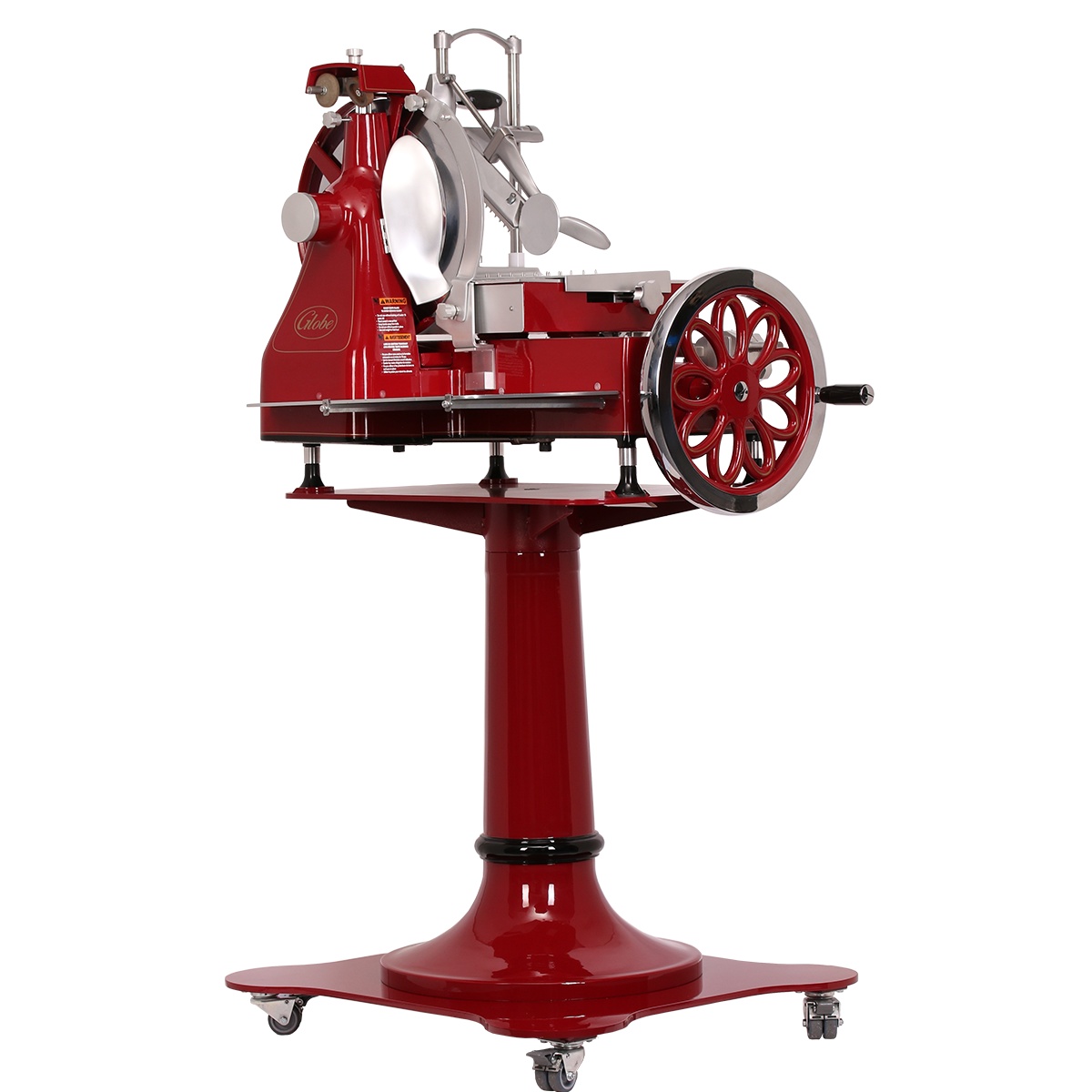 Globe FS14 flywheel slicer shown on decorative pedestal stand with casters