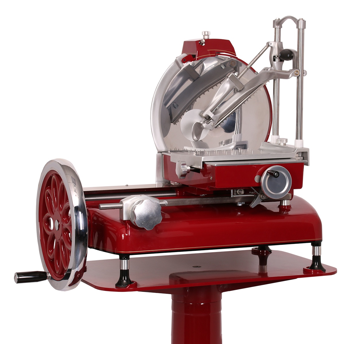 Side view of Globe FS14 flywheel slicer showing carriage, sharpener, and blade guard