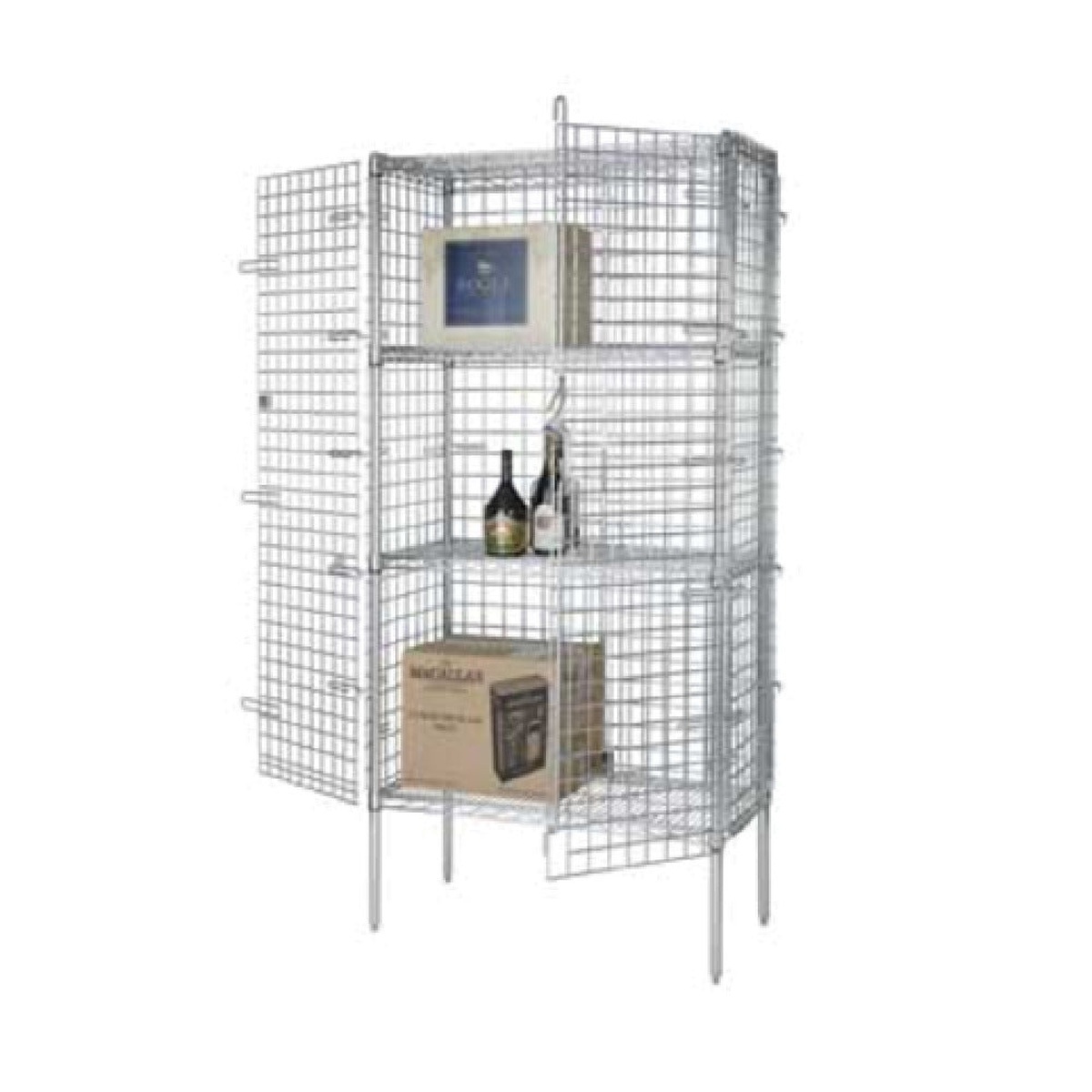1880 Hospitality FSEC244863 chrome wire security cage kit assembled showing side-hinged doors and shelved storage