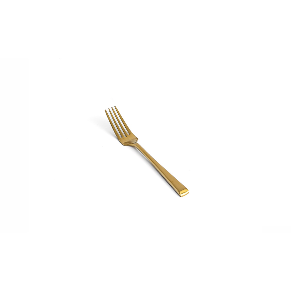 Front of the House Parker 7-inch matte brass salad fork with four tines and sleek linear handle on white background