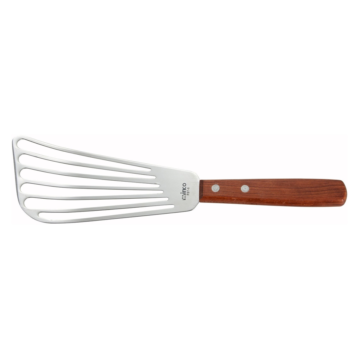 Winco FST-6 fish spatula with slotted stainless steel satin-finish blade and riveted wooden handle