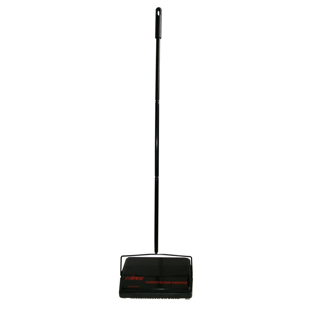 Winco FSW-11 black rotary carpet and floor sweeper with steel handle and natural bristles, full product view