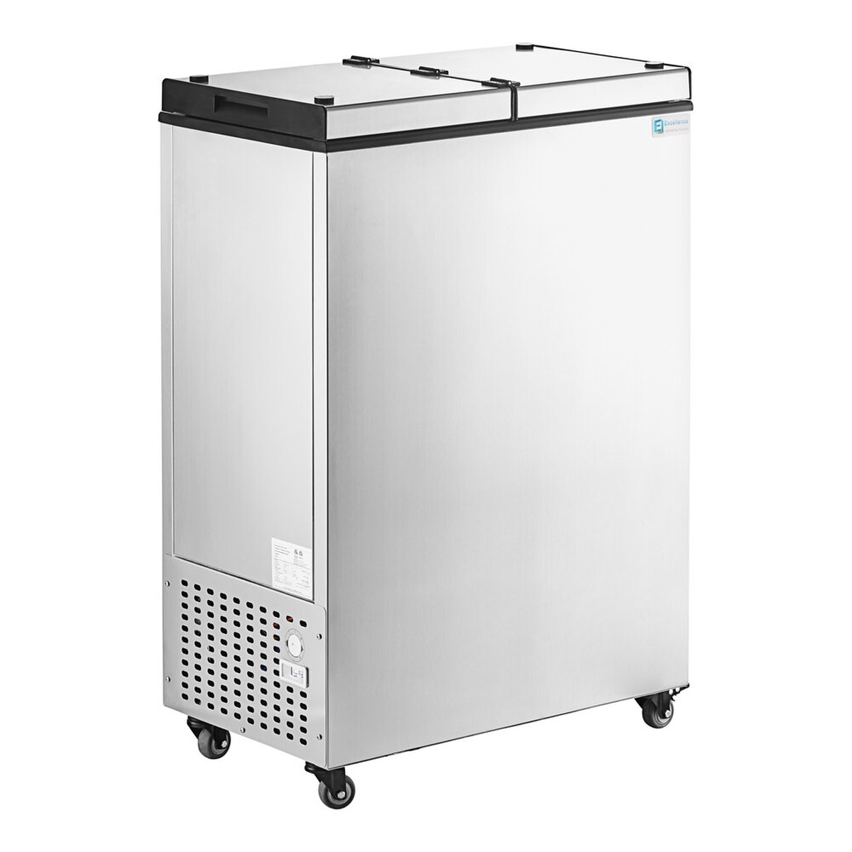 Excellence FT-4 stainless steel four-tub ice cream storage freezer on casters with two flip-top lids