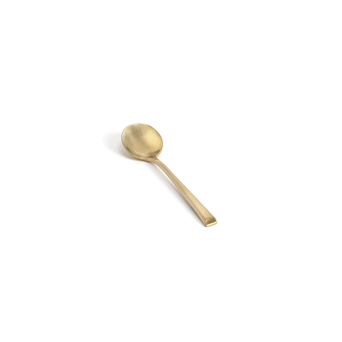Front of the House Parker matte brass teaspoon with rounded bowl and slender squared-end handle