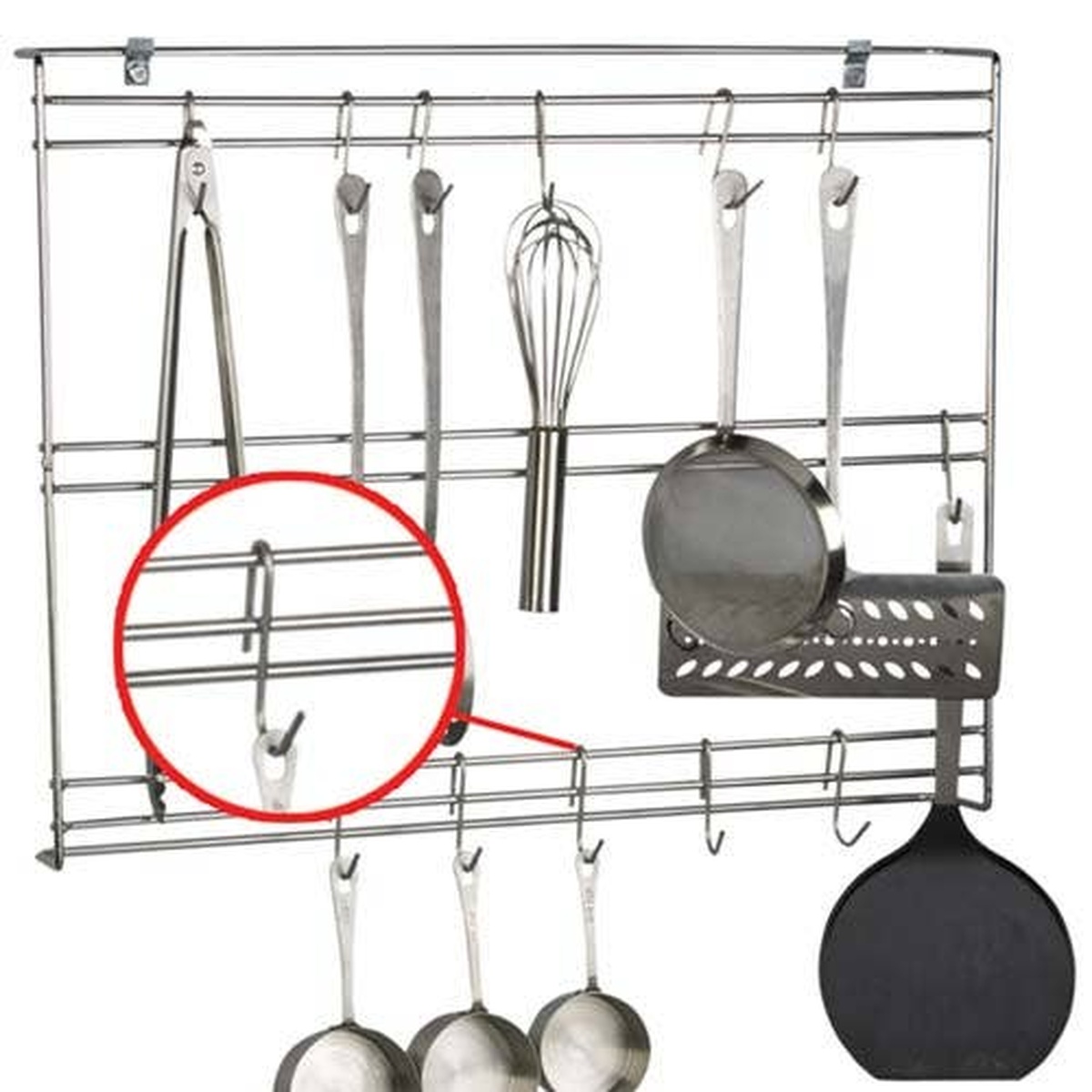 Stainless steel utensil hook rack holding tongs, whisk, ladles, and strainer, with close-up detail of the replacement hooks