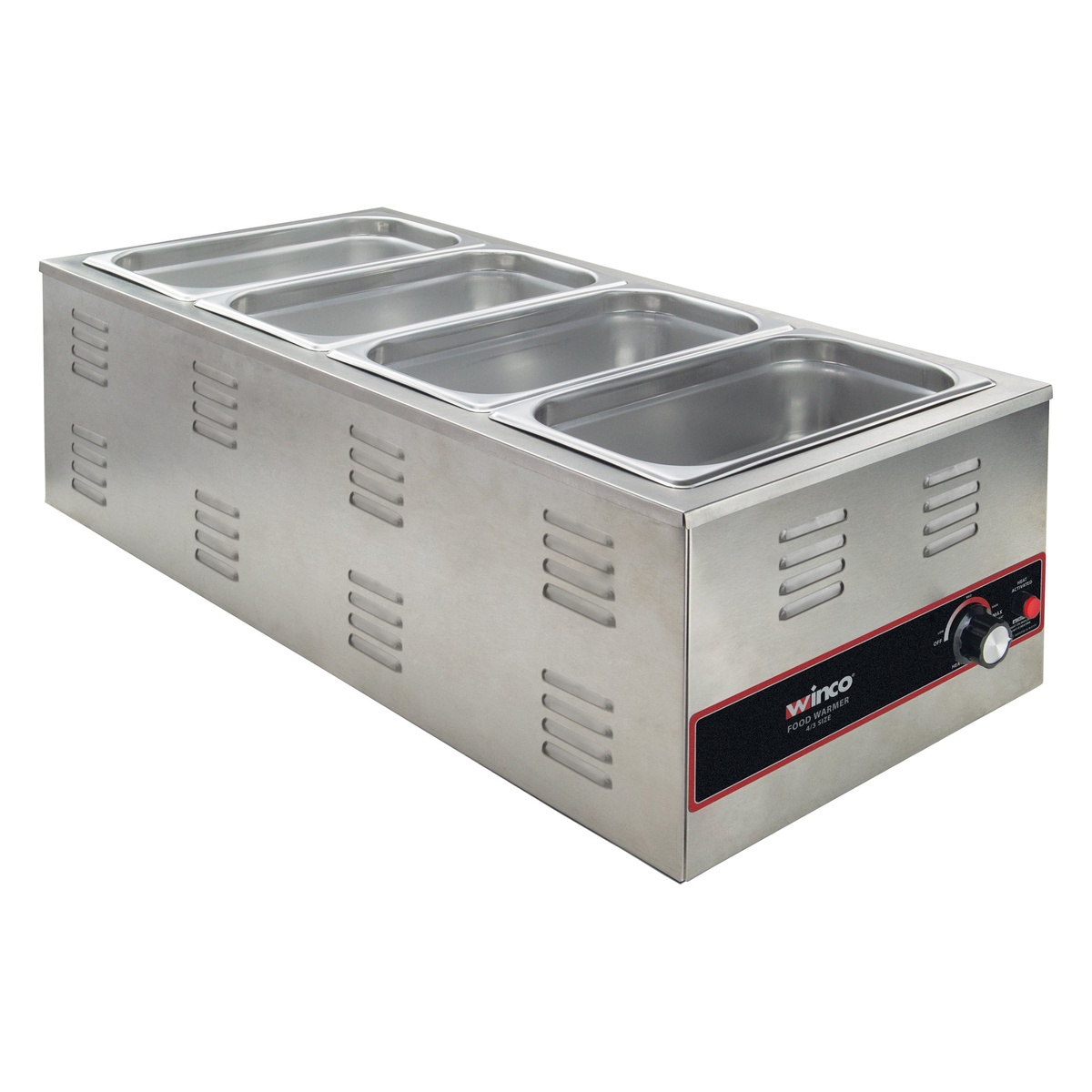 Winco FW-L600 food warmer loaded with four 1/3 size stainless steel steam table pans