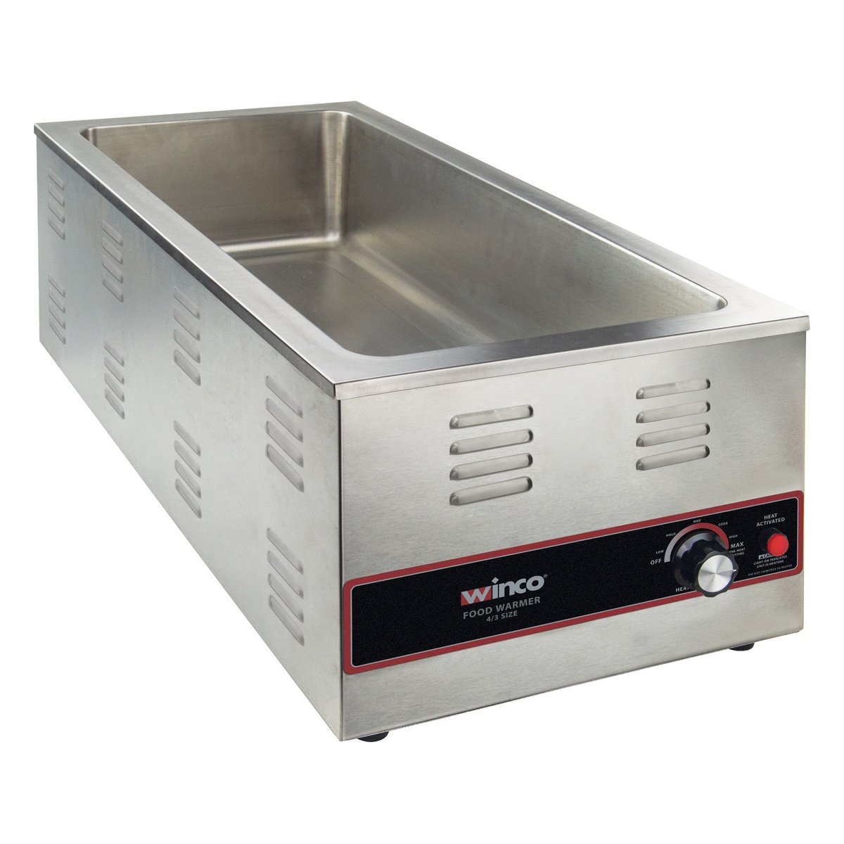 Winco FW-L600 4/3 size electric food warmer angled view showing empty stainless steel well and control panel