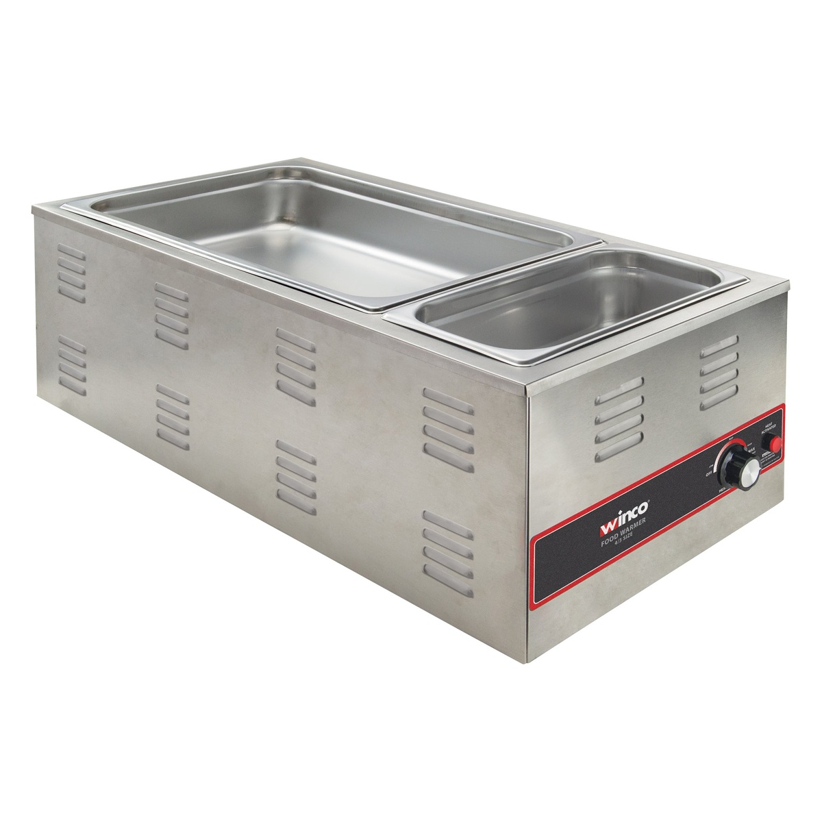 Winco FW-L600 food warmer shown with two larger steam table pans placed in the food well