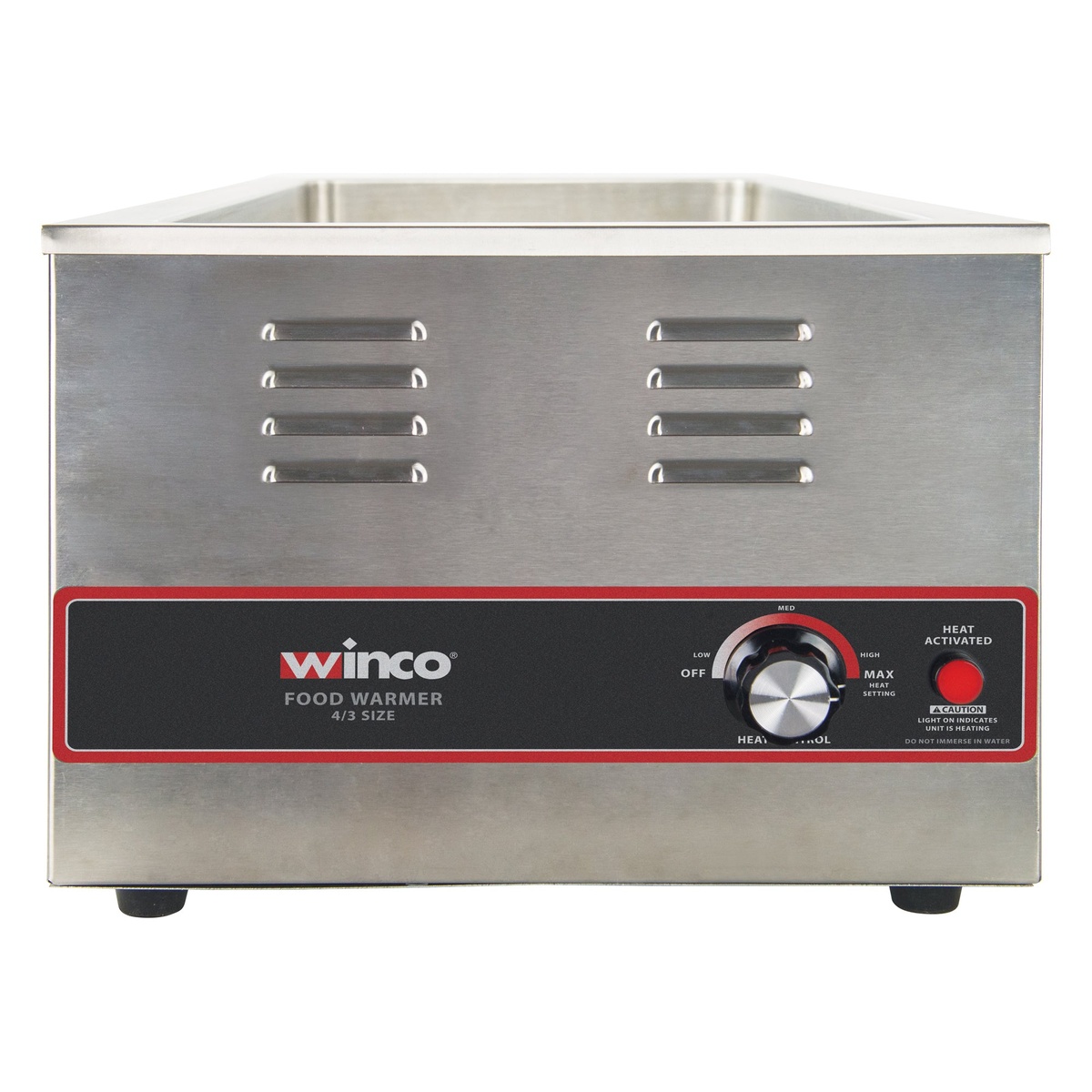 Winco FW-L600 food warmer front view showing graduated heat control dial and Heat Activated indicator light