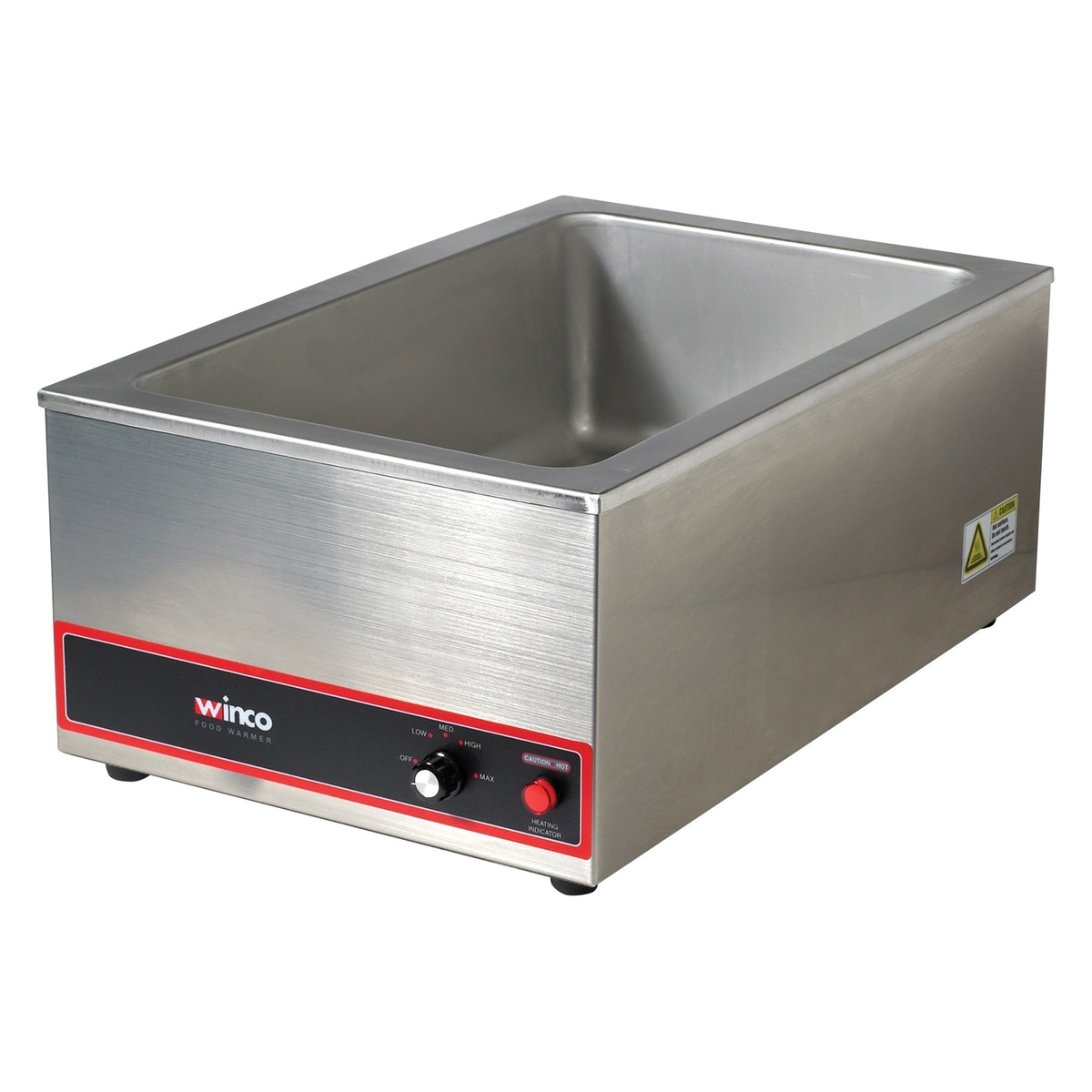 Winco FW-S500 stainless steel countertop electric food warmer with dial control and red indicator light