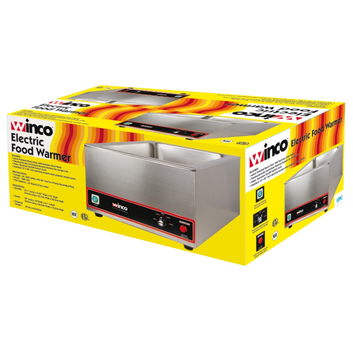 Winco FW-S500 electric food warmer retail packaging box showing product and specifications