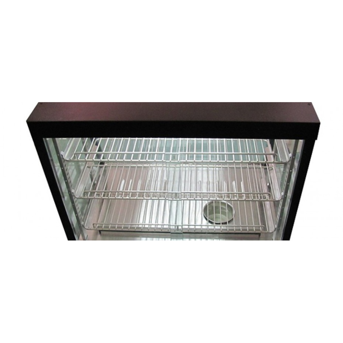 Cozoc FW5002-9-26 countertop heated display case with three wire shelves and tempered glass front