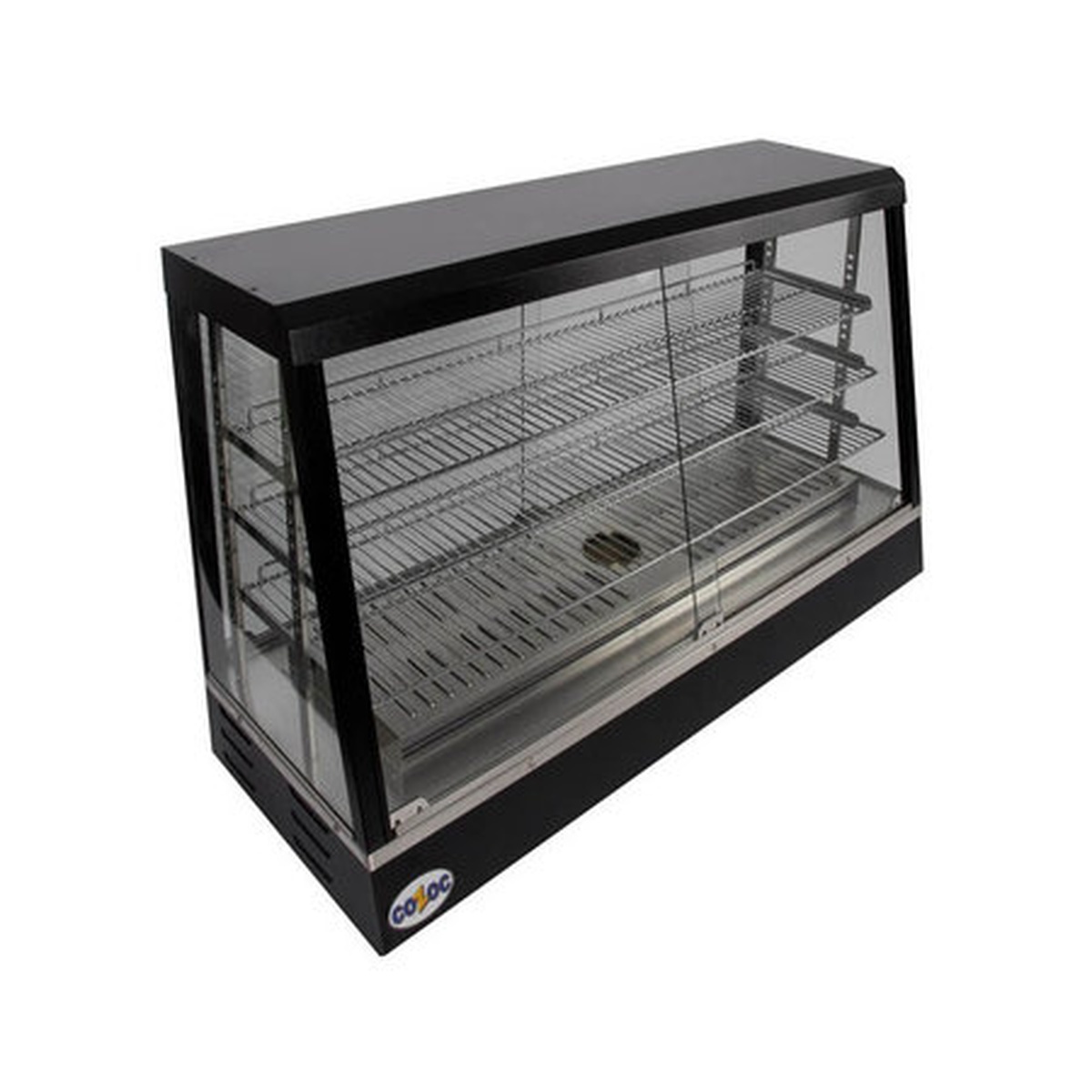 Cozoc FW5002-9-36 36-inch countertop heated display case with three wire shelves and tempered glass sliding doors