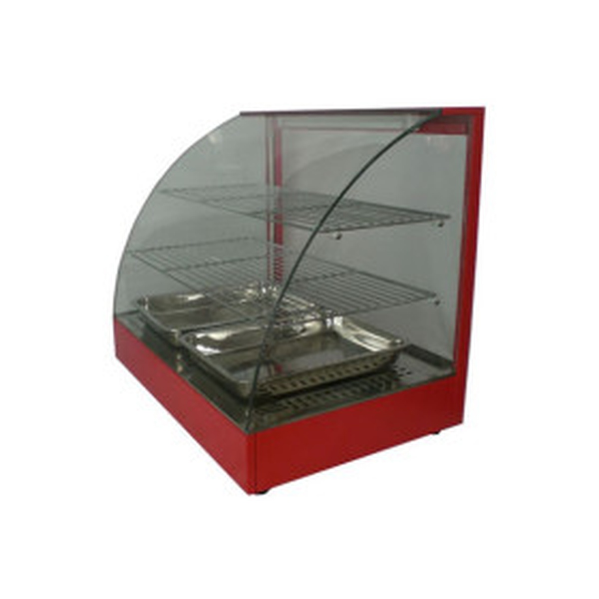 Cozoc FW5004-2 countertop food warmer merchandiser with curved glass front and chrome shelves on red base