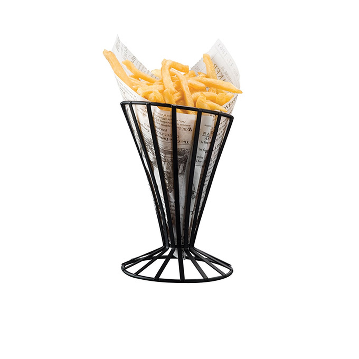 American Metalcraft FWB4 black wire cone basket holding french fries wrapped in food paper