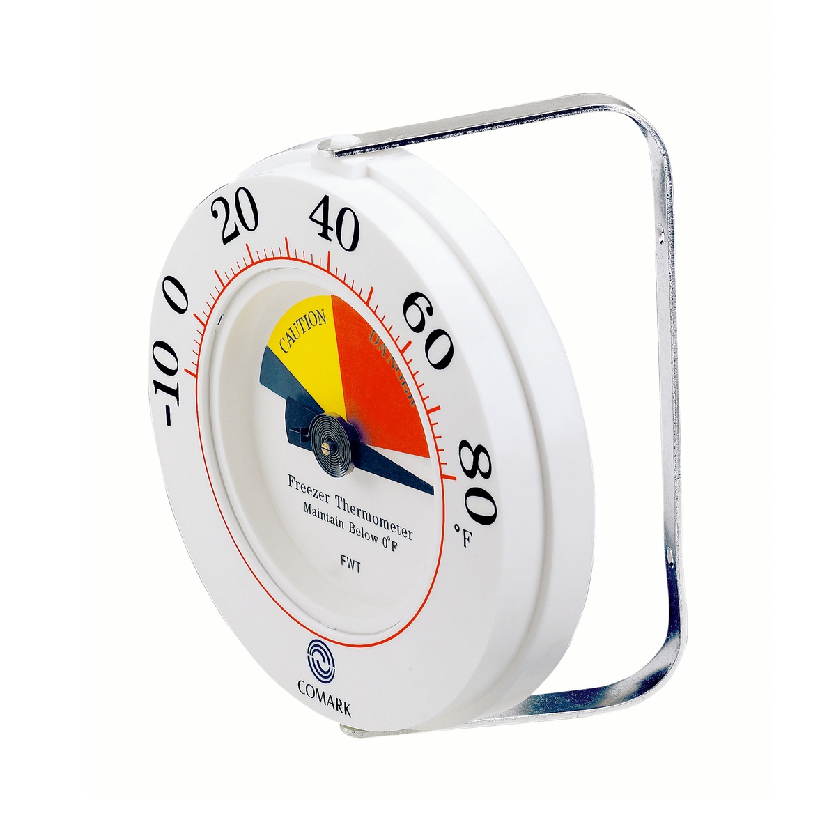Comark FWT Freezer Wall Thermometer angled side view showing included metal wall-mount bracket attached to the unit