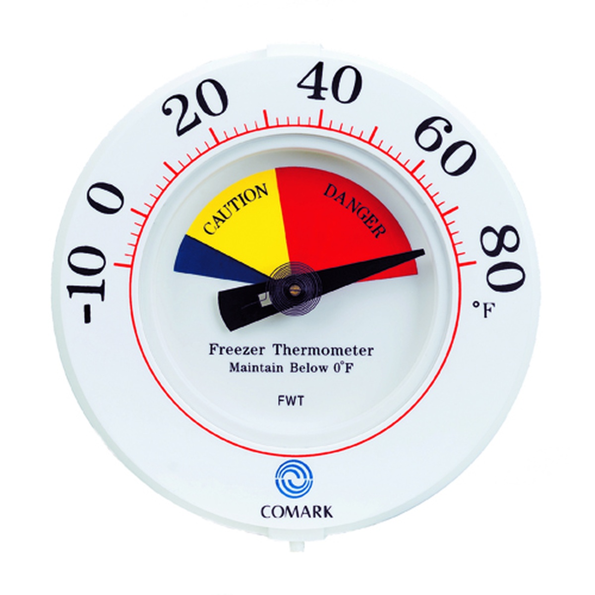 Comark FWT Freezer Wall Thermometer front view showing 6-inch dial with color-coded HACCP caution and danger zones on white background