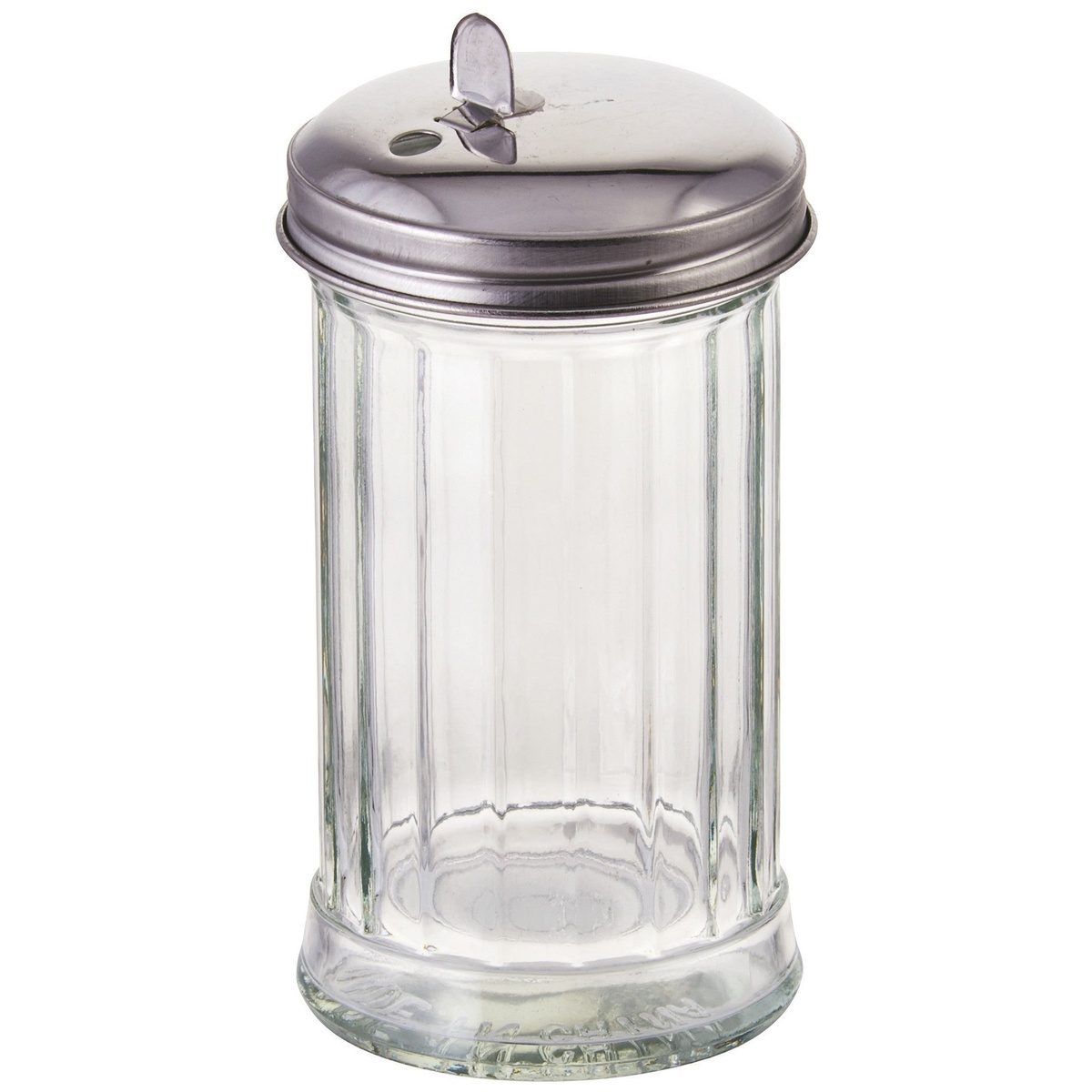 Winco G-102 12 oz clear glass sugar pourer with hinged stainless steel flap-top lid on white background