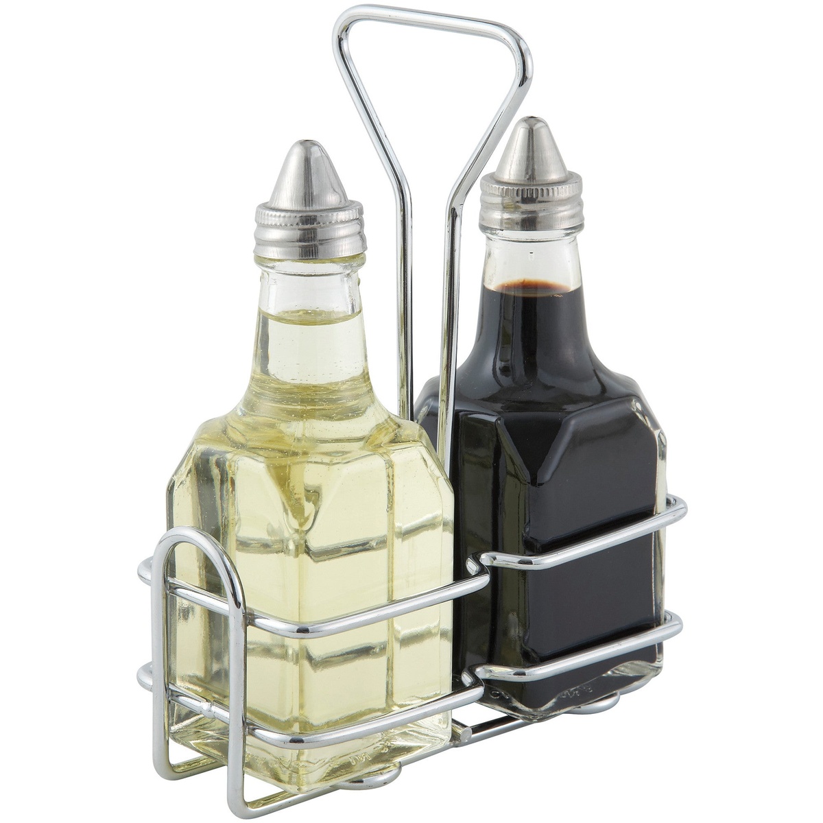 Winco G-104S two 6 oz square glass cruet bottles with stainless steel pourers in chrome-plated wire rack