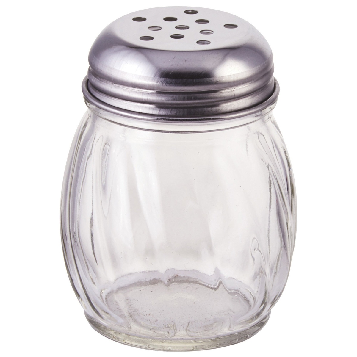 Winco G-107 6 oz glass cheese shaker with silver perforated stainless steel top on white background