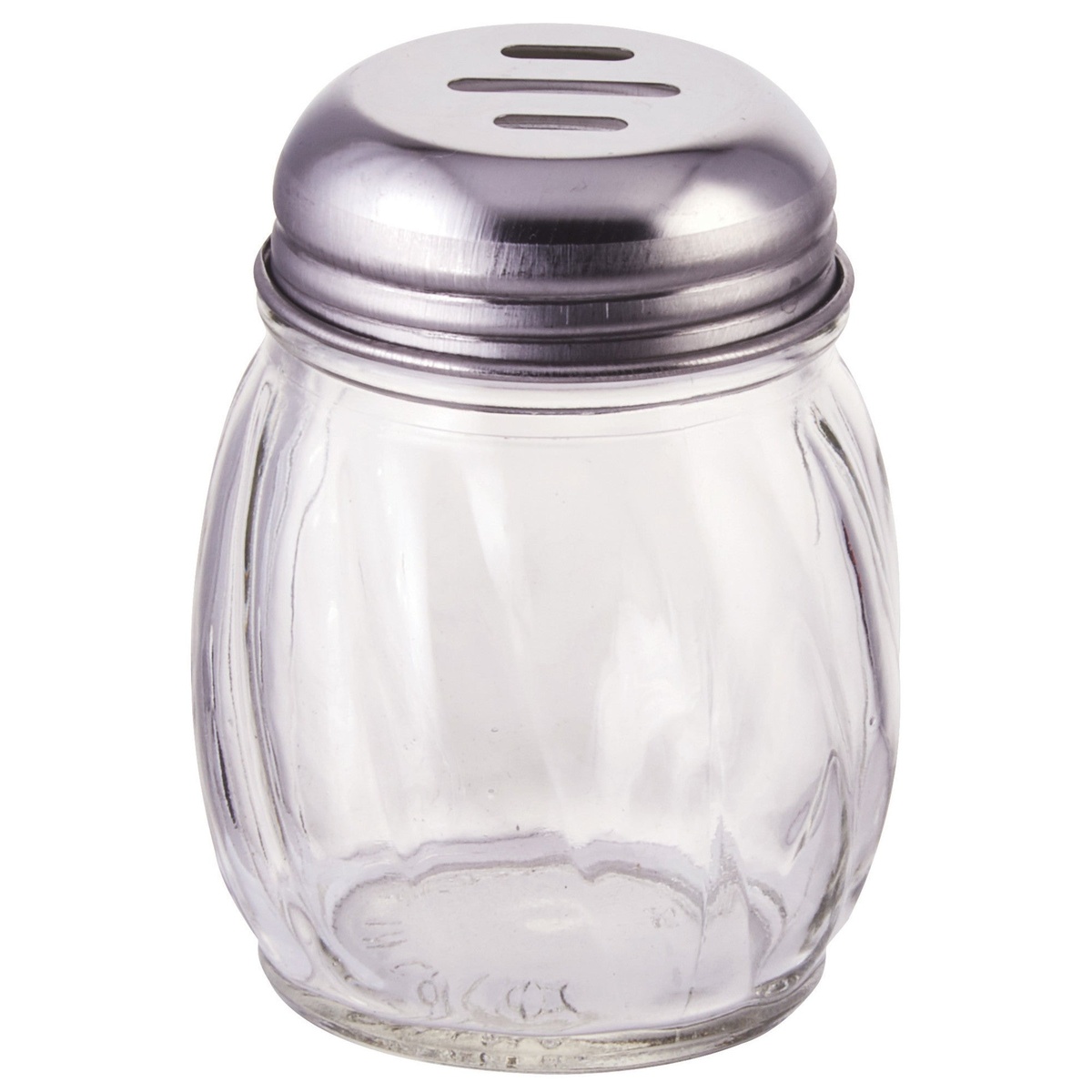 Winco G-108 6 oz swirled glass cheese shaker with slotted silver chrome top