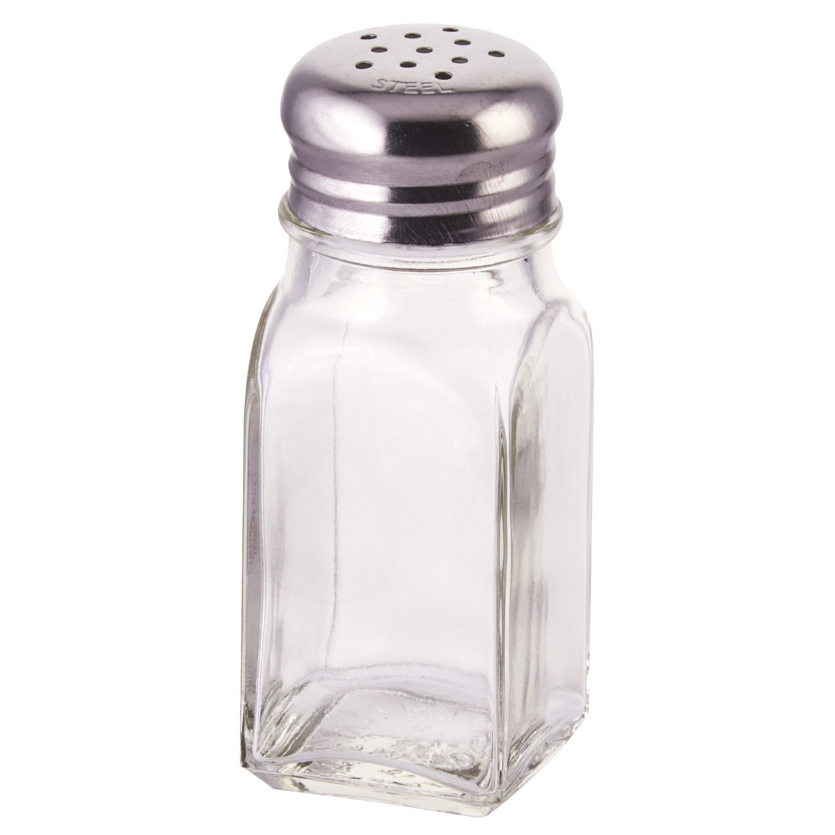 Winco G-109 clear square glass shaker with stainless steel mushroom top