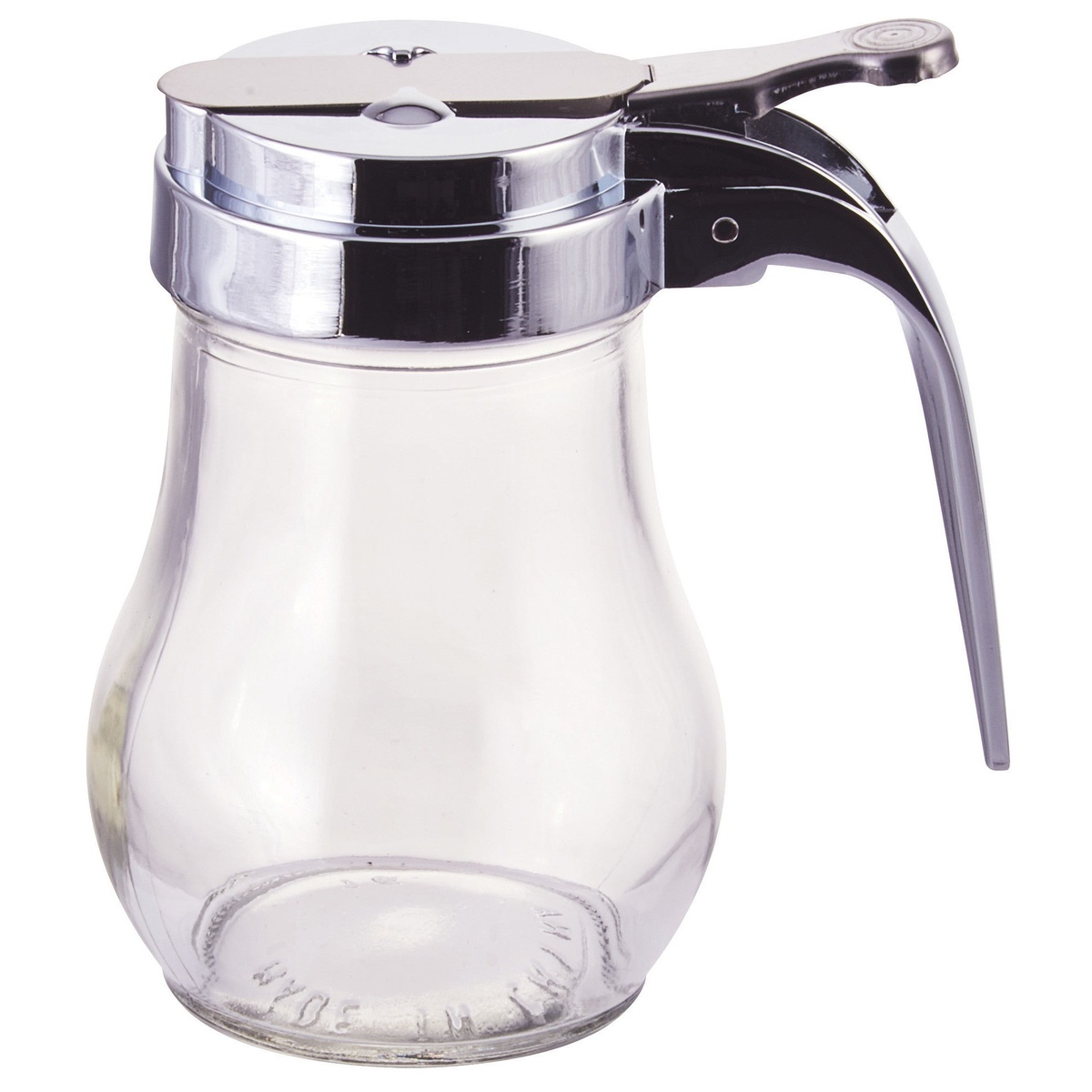 Winco G-115 6 oz clear glass syrup dispenser with chrome-plated top and thumb-operated pour mechanism