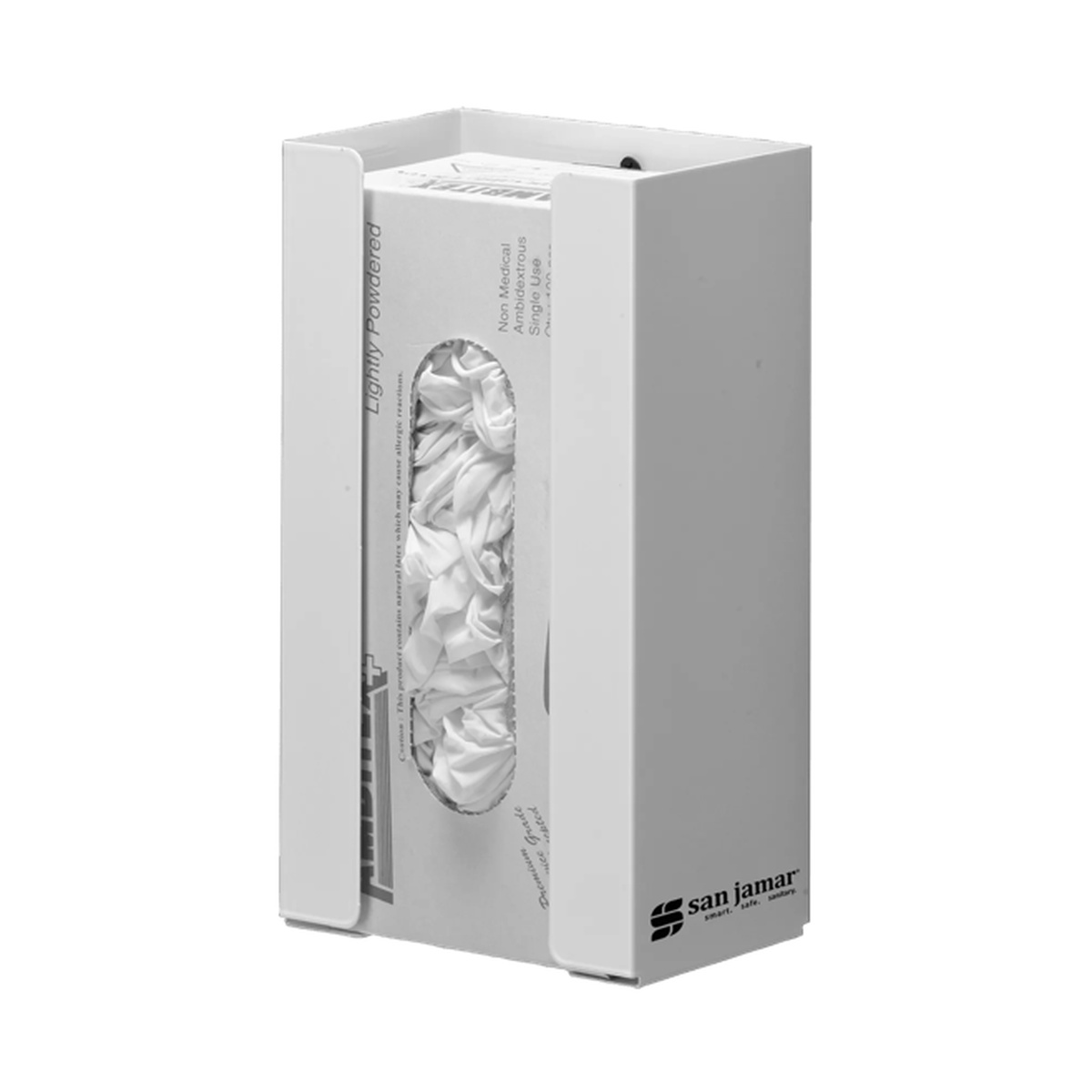 San Jamar G0802 white glove dispenser with glove box installed, angled side view in black and white