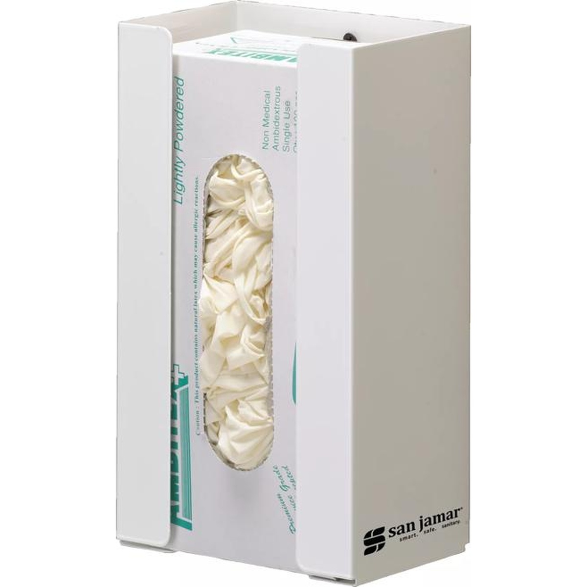 San Jamar G0802 white steel glove dispenser loaded with a standard glove box, front view