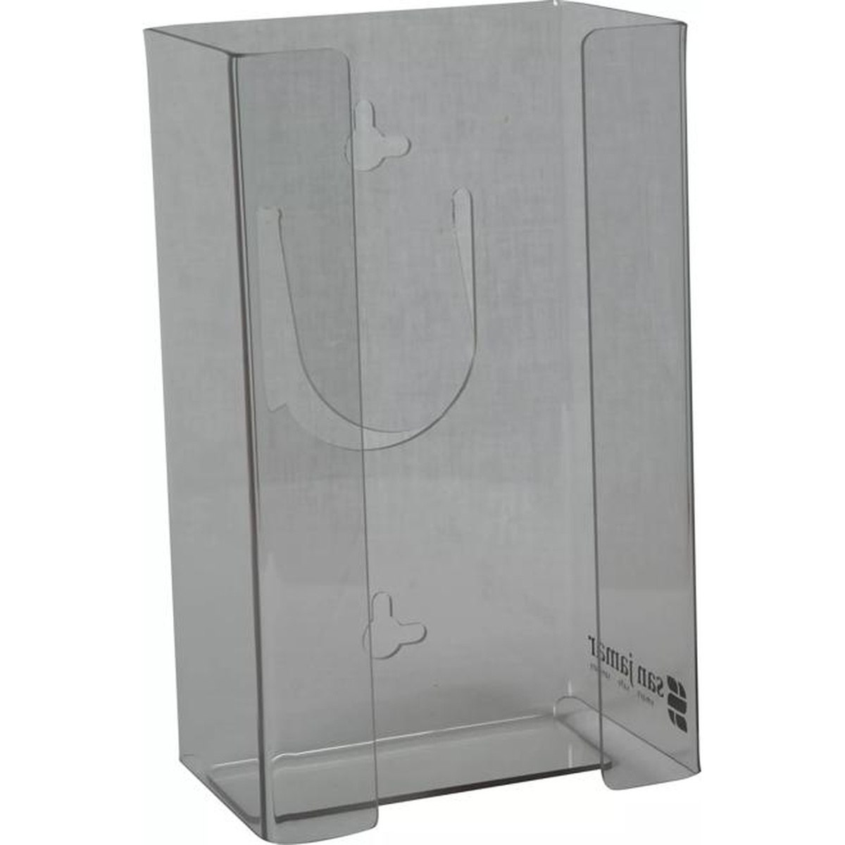 San Jamar G0803 clear glove dispenser, rear-angled view showing built-in spring mechanism
