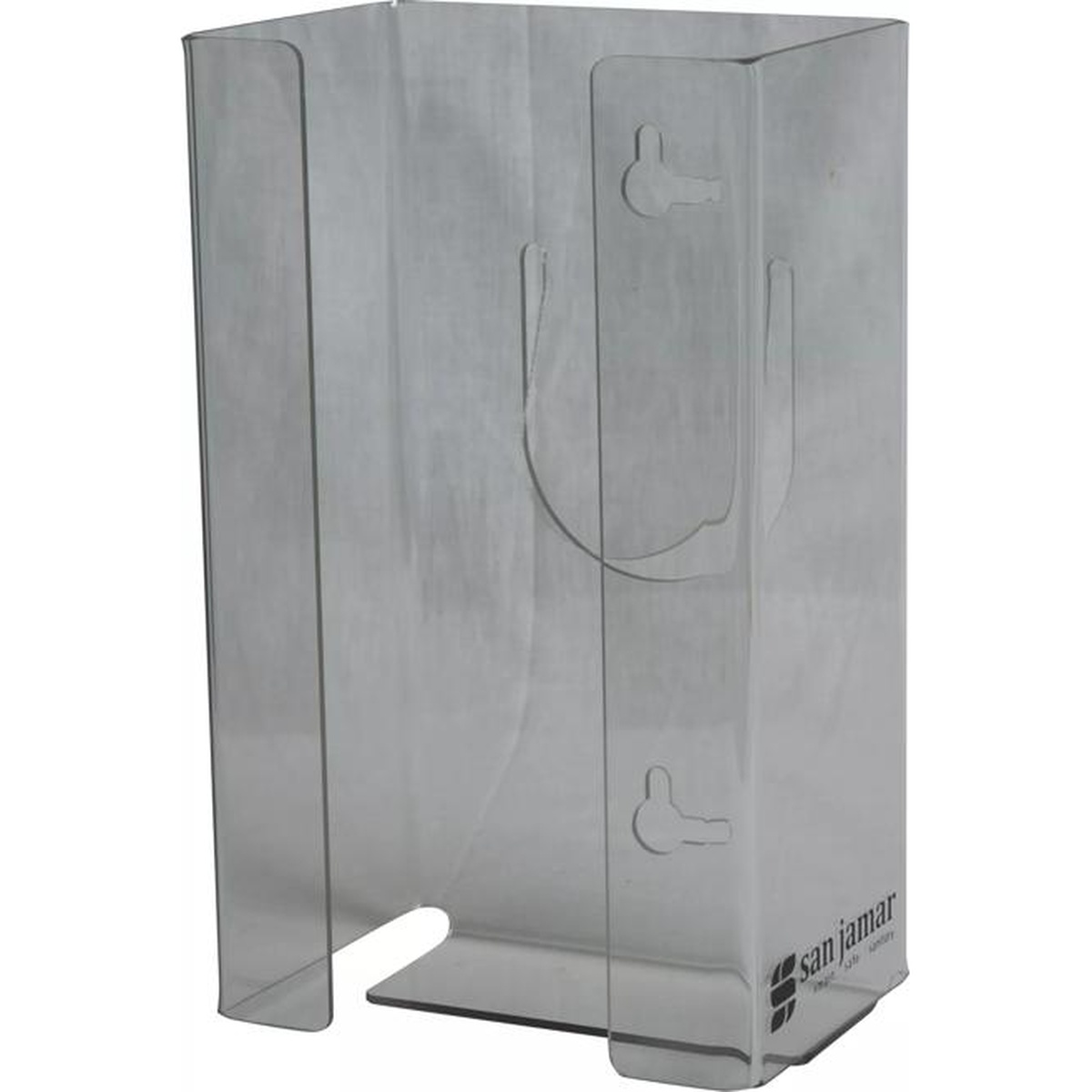 San Jamar G0803 clear glove dispenser, side-angled view showing keyhole mounting slots