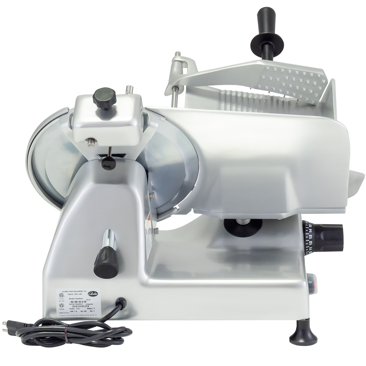 Globe G12 manual slicer rear view showing blade area and power cord